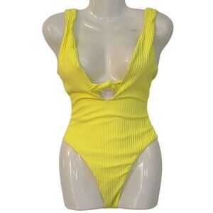 Dolce Vita Colorado Lemonade Yellow Ribbed One Piece Plunge Tie Swimsuit S Pool